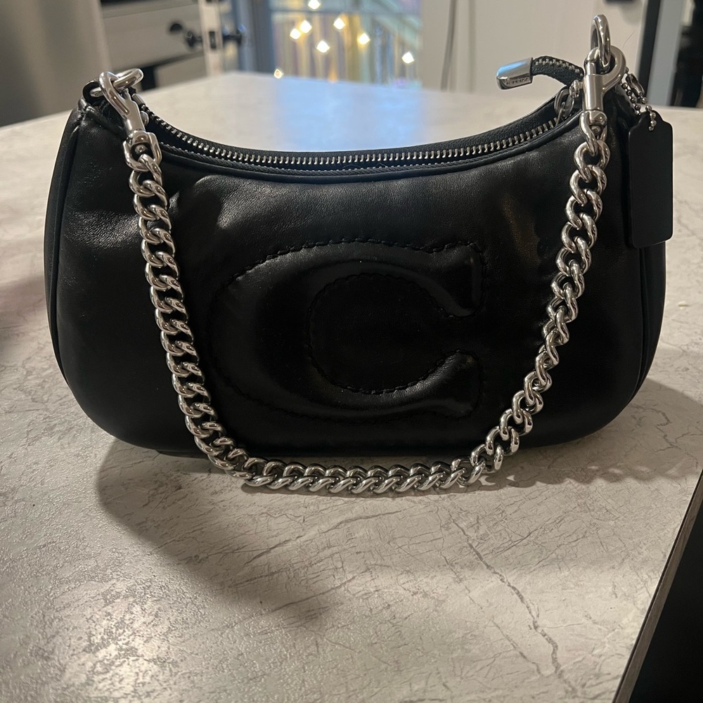 Black Coach Women's Bag with Silver Chain